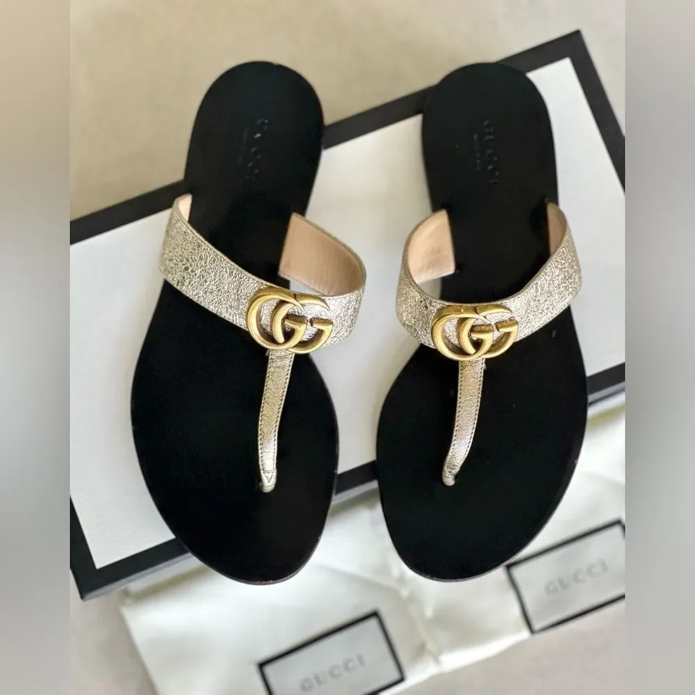 Gucci GG Marmont Sandals Metallic Gold Leather Thong Flats Flip Flops Size 37